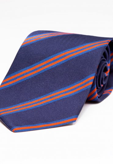 Richard Anderson Navy Striped Club Style Silk Tie with Blue and Red Accents
