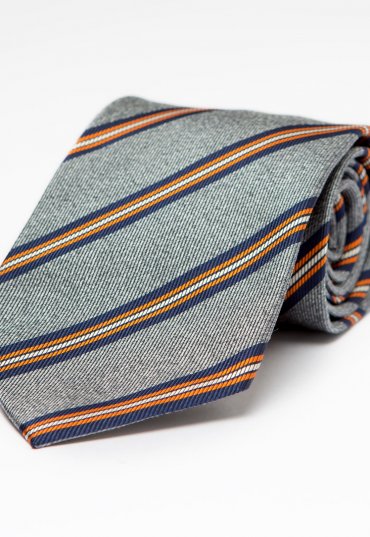 Richard Anderson Silver Club Style Silk Tie with Navy, Orange and White Stripes