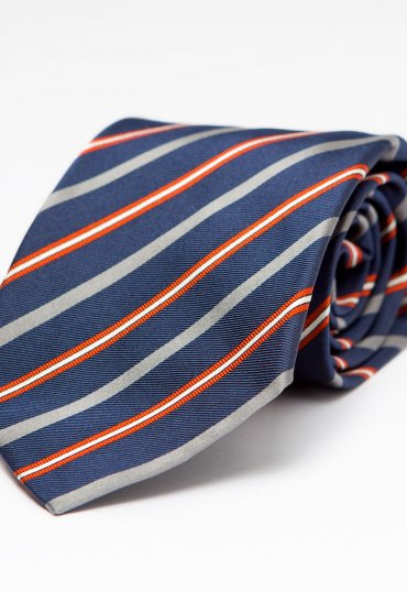 Richard Anderson Navy Club Style Silk Tie with Orange, Silver and White Stripes